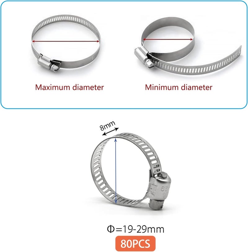 ZIPCCI Hose Clamp 1 Inch, 80 Pack Stainless Steel Hose Clamps Worm Gear fuel line pipe clamps, 19-29mm (1 Inch) - Image 4